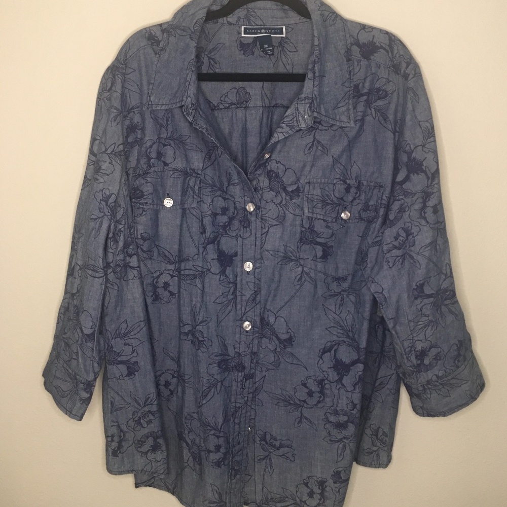Karen Scott Floral Denim Top NWT